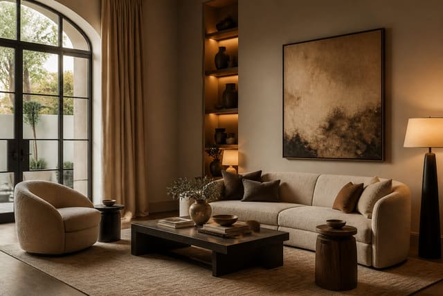 How to Make a Living Room Feel More Expensive, shown as warm editorial Re-Design photography of a living room made more expensive-looking with oversized art, tailored curtains, fewer accessories, and warm layered light at believable residential scale, no overlaid text, no watermark