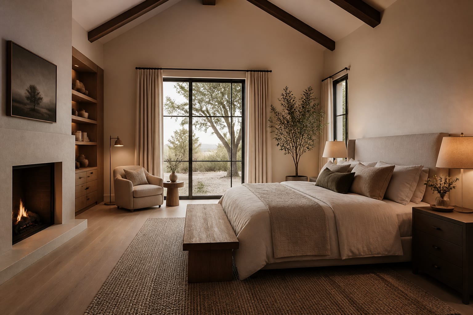 Editorial interior photograph showing master bedroom ideas to create a space you actually want to be in in a real bedroom, with general materials, layered warm lighting, styled furniture, and a magazine-quality residential composition.