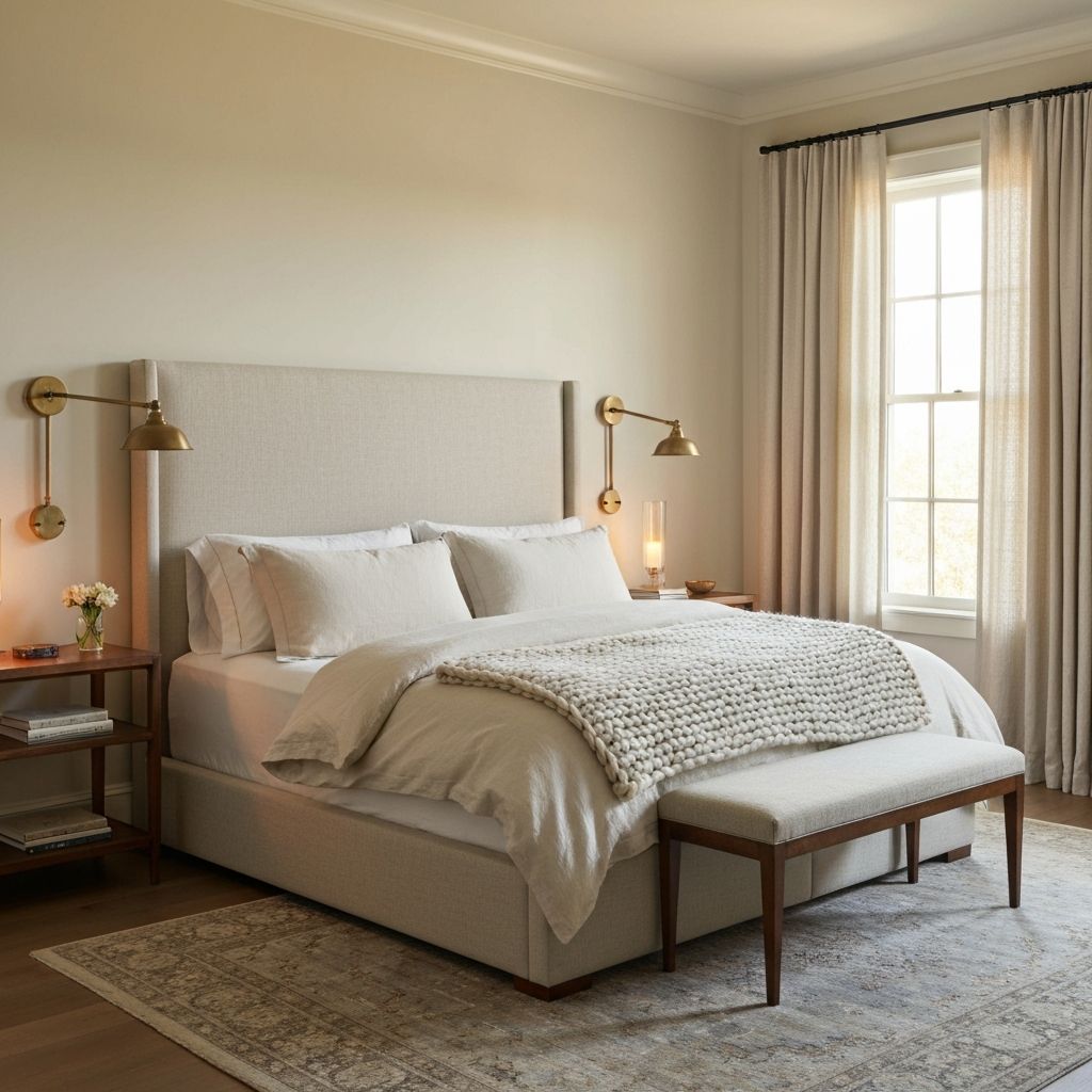 A serene master bedroom with layered lighting and soft textures