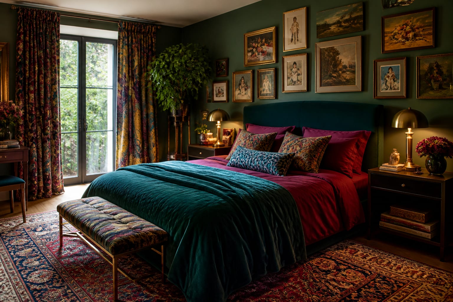 Maximalist bedroom with jewel tone bedding, patterned drapery, layered rugs, brass lamps, and a full art wall behind the bed