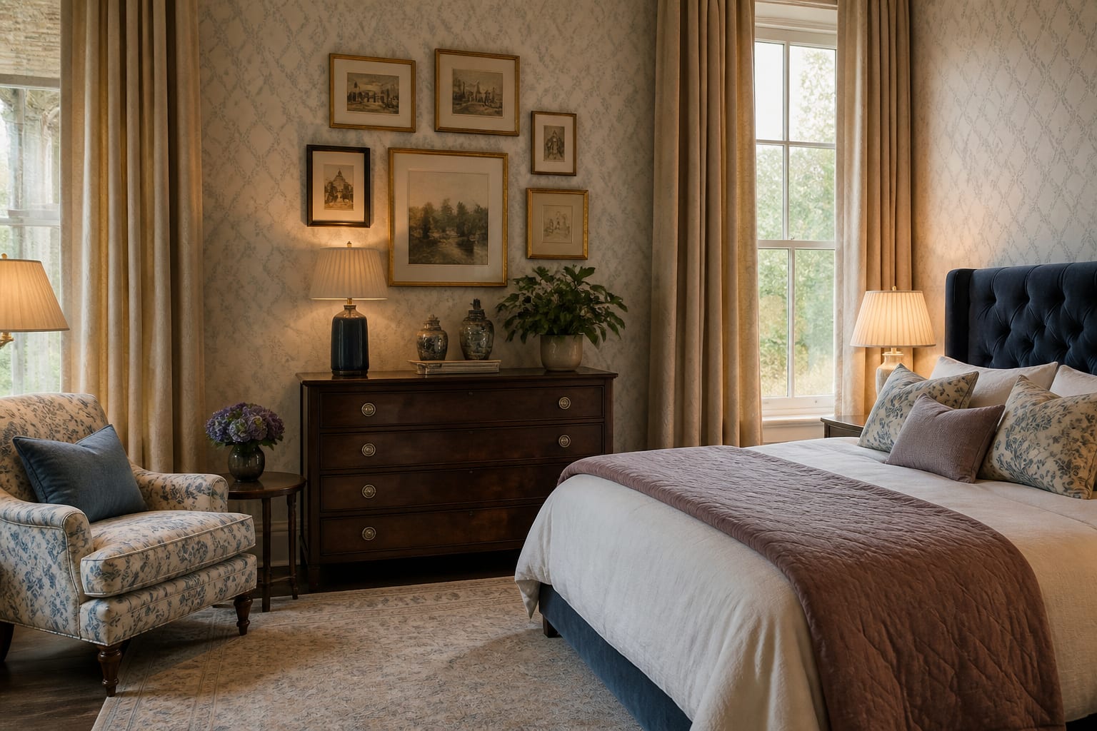 Pattern mixed bedroom with tall drapery, velvet headboard, layered bedding, and art arranged above a dark wood dresser