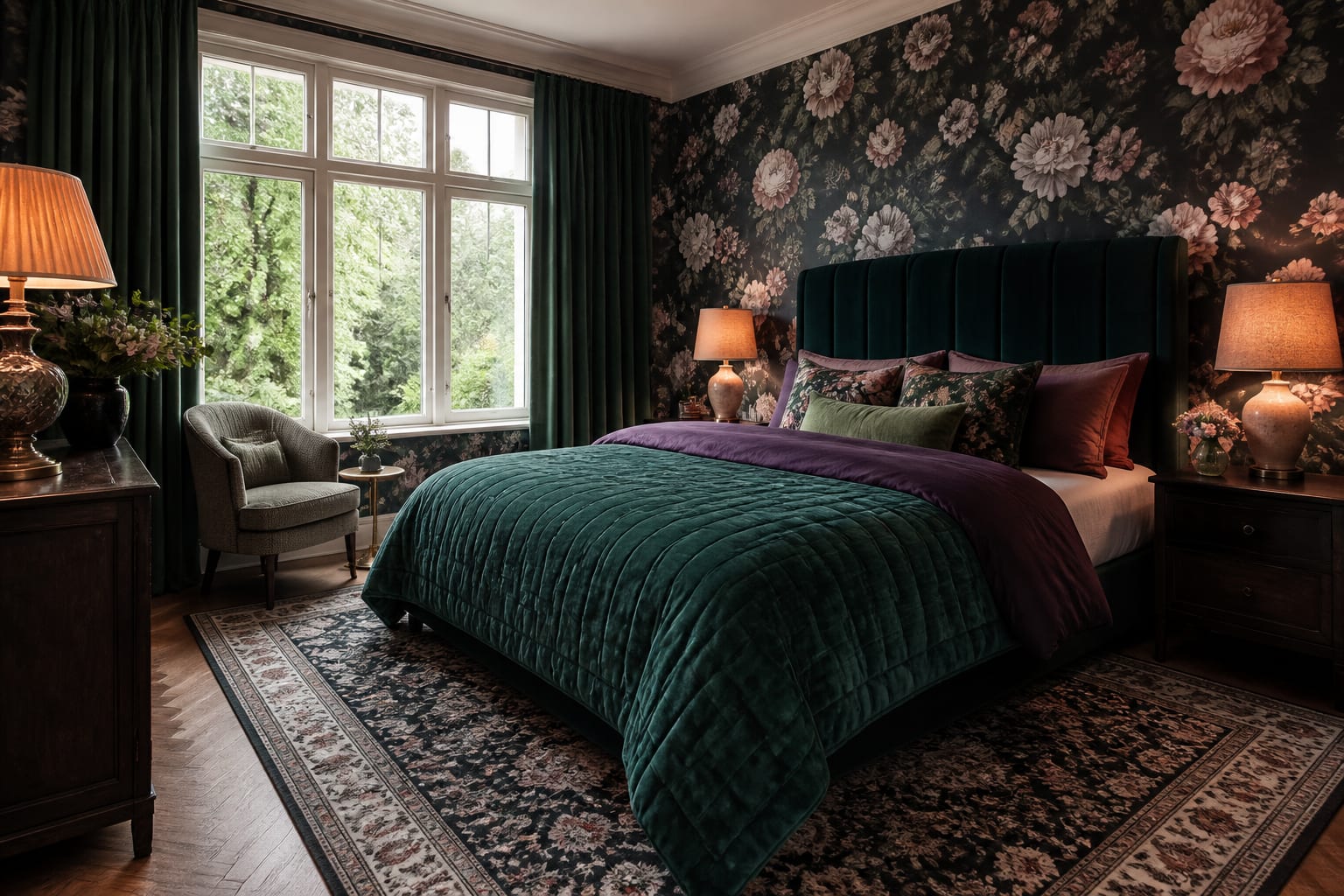 AI preview of a bedroom testing dark floral wallpaper, jewel tone bedding, warm lamps, and a patterned rug from the same camera angle