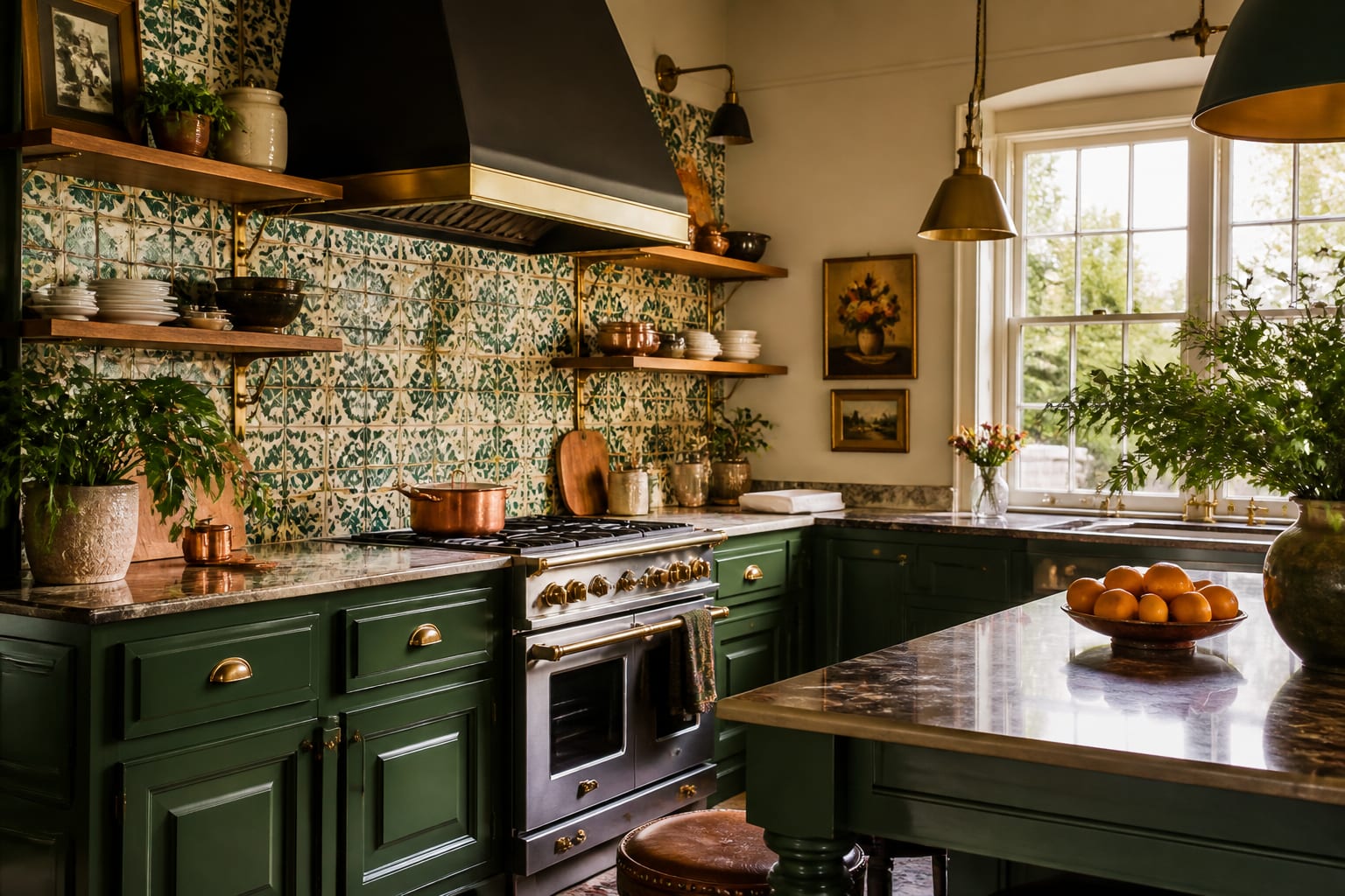 maximalist kitchen with emerald cabinets, patterned tile, brass hardware, open shelves, and warm layered lighting