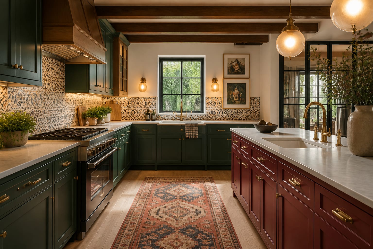 colorful kitchen cabinets with brass pulls, patterned backsplash tile, framed art, and a vintage runner