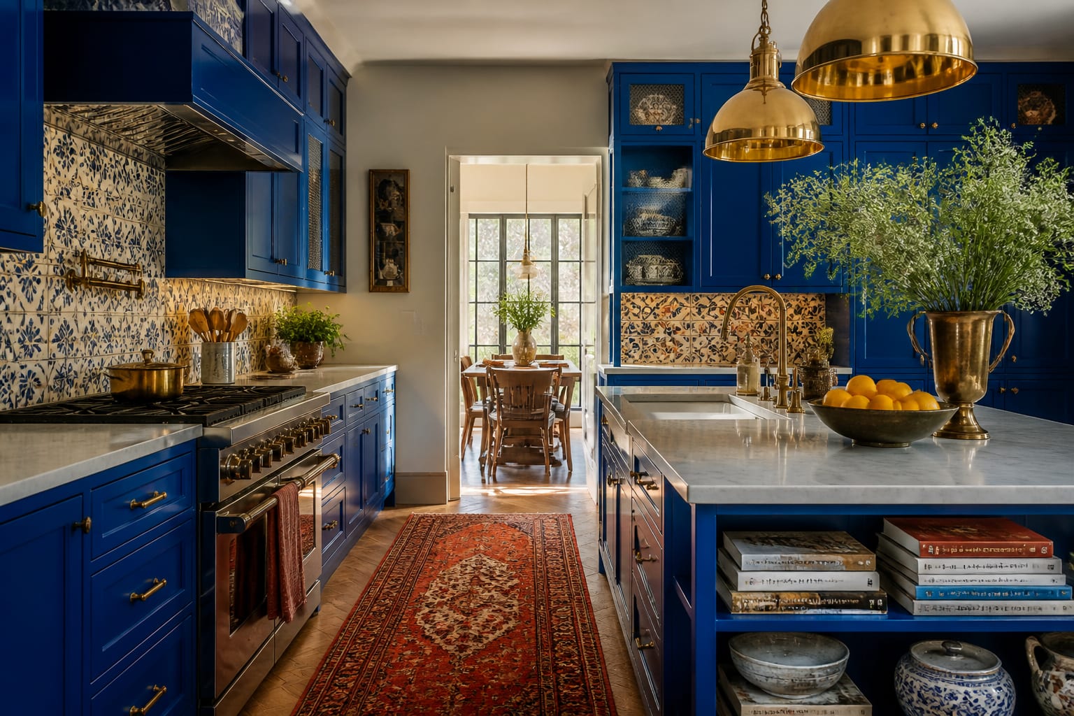 AI preview of a maximalist kitchen testing cobalt cabinets, patterned tile, brass lighting, and a warm vintage runner