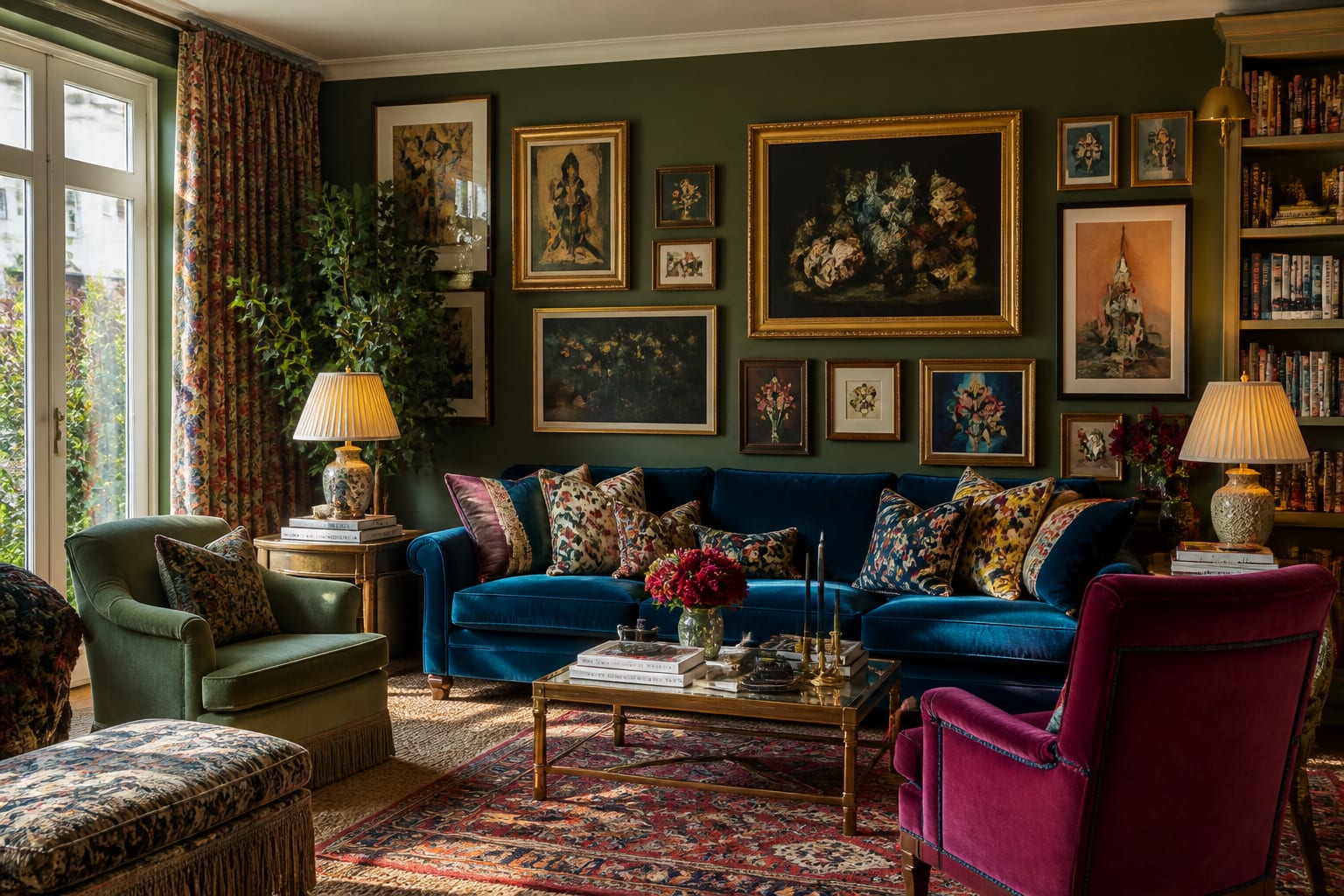 maximalist living room with jewel tone sofa, layered rugs, patterned drapery, gallery wall, books, and warm brass lamps