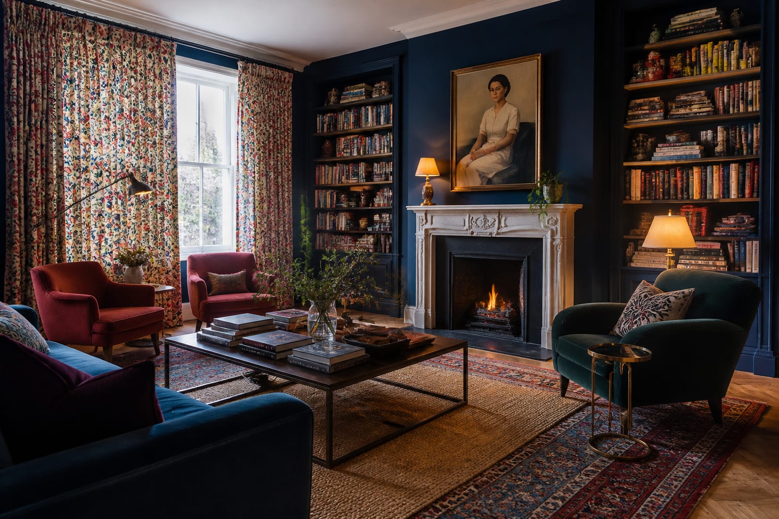 bold living room with patterned curtains, layered rugs, velvet seating, colorful bookshelves, and salon style artwork