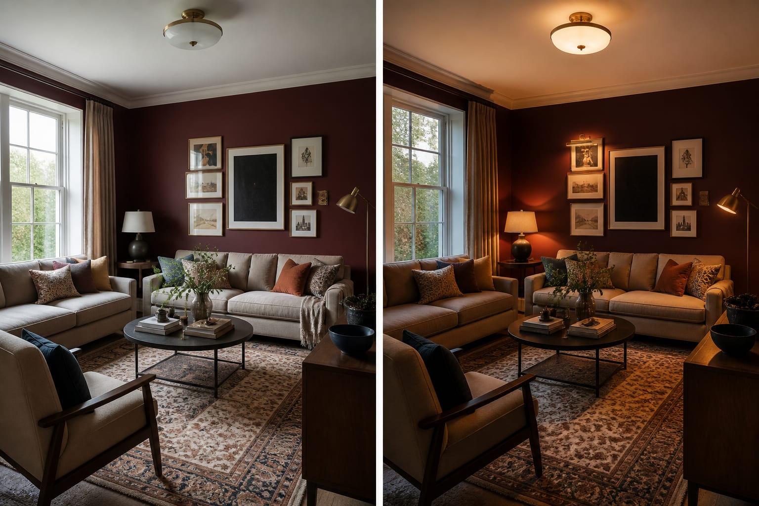 AI preview style comparison of the same living room with bold walls, patterned rug, gallery art, and layered lighting options