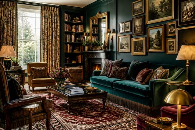 maximalist living room with jewel tone sofa, layered rugs, patterned drapery, gallery wall, books, and warm brass lamps