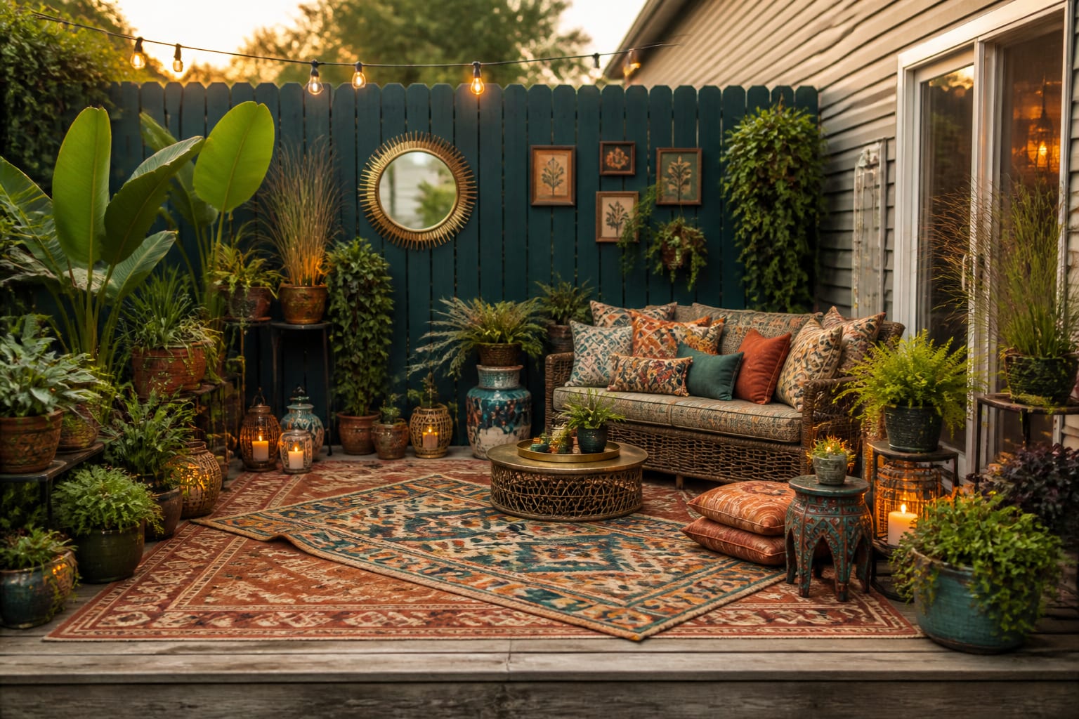 The same deck restyled maximalist with layered patterned rugs, heaped cushions, abundant potted plants, festoon lights, and a saturated painted fence