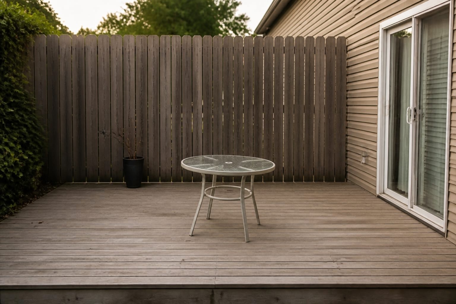 A plain bare deck with a single small table, gray boards, and no plants or color