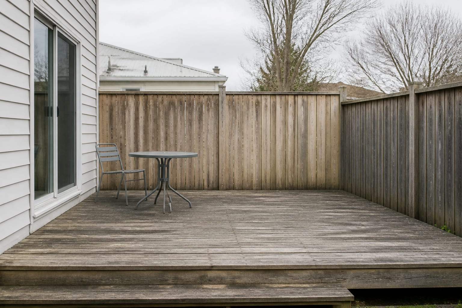 A plain bare deck with a single small table, gray boards, and no plants or color