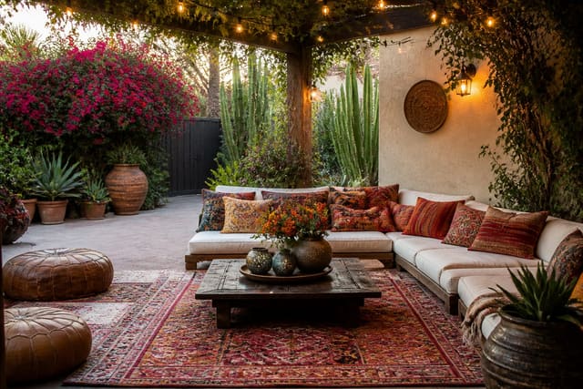 Editorial outdoor photograph showing a maximalist patio with layered patterned rugs, saturated color, abundant plants, cushions, and warm festoon lights.