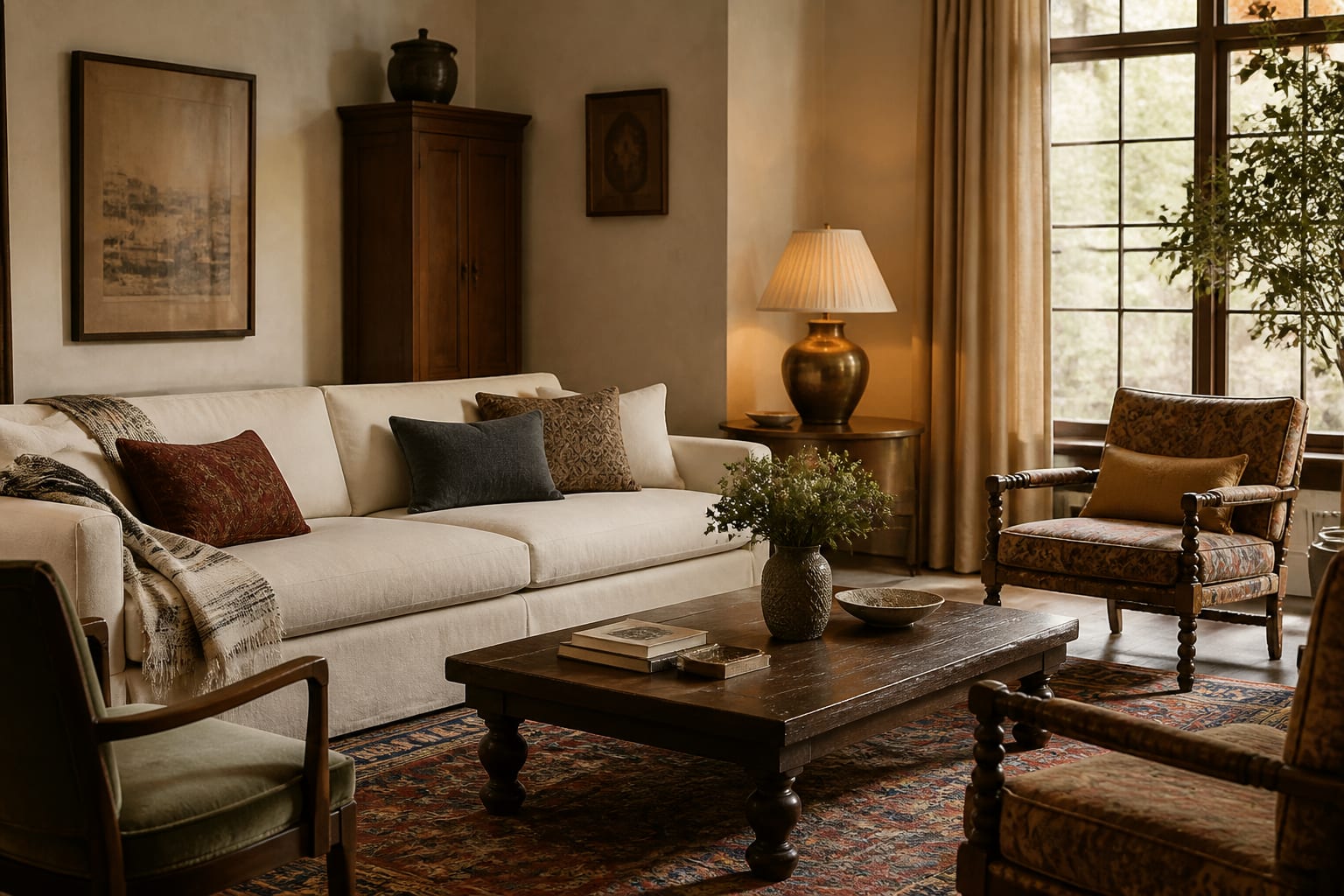 eclectic sitting area with antique wood table, modern sofa, patterned rug, brass lamp, and repeated warm tones