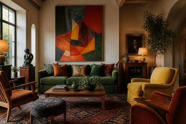 layered living room with bold art, patterned rug, vintage chairs, saturated color, and a curated mix of objects