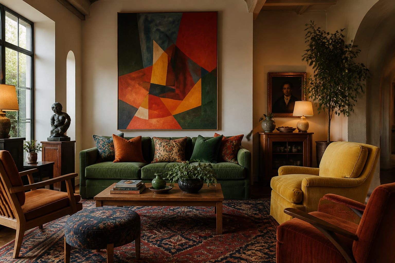 layered living room with bold art, patterned rug, vintage chairs, saturated color, and a curated mix of objects