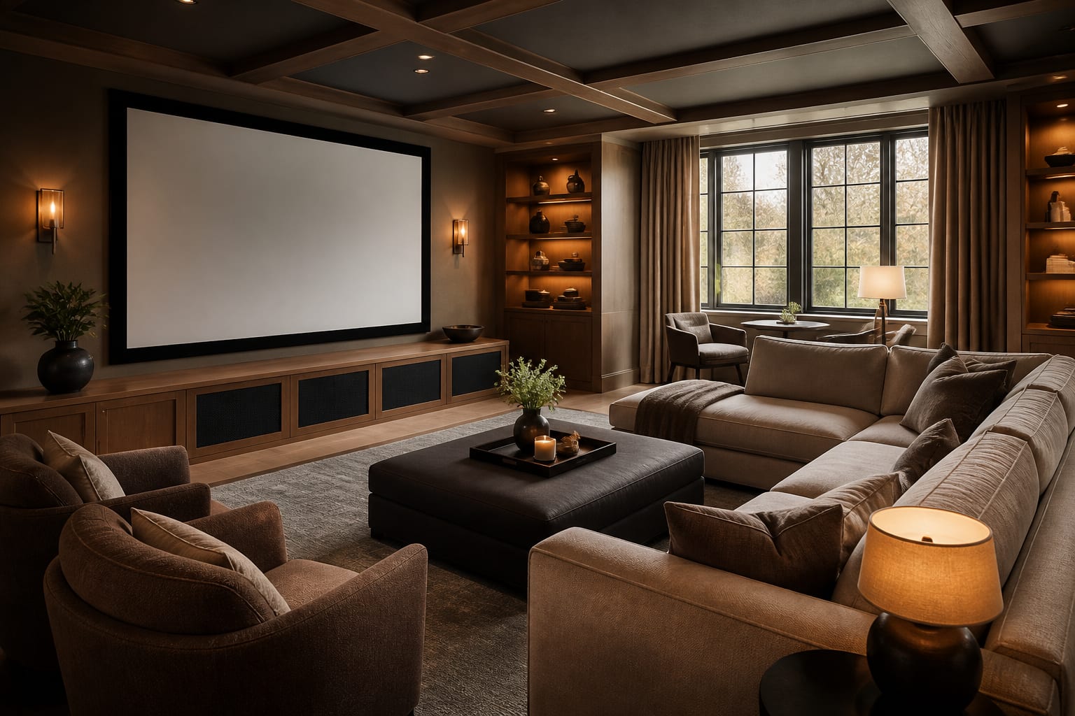 Media Room Ideas in a media room, shown as a warm editorial Re-Design concept
