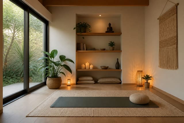 Meditation and Yoga Room Ideas for a Calm Home Practice, shown as warm editorial Re-Design photography with believable residential scale, natural light, clear material detail, no overlaid text, no watermark