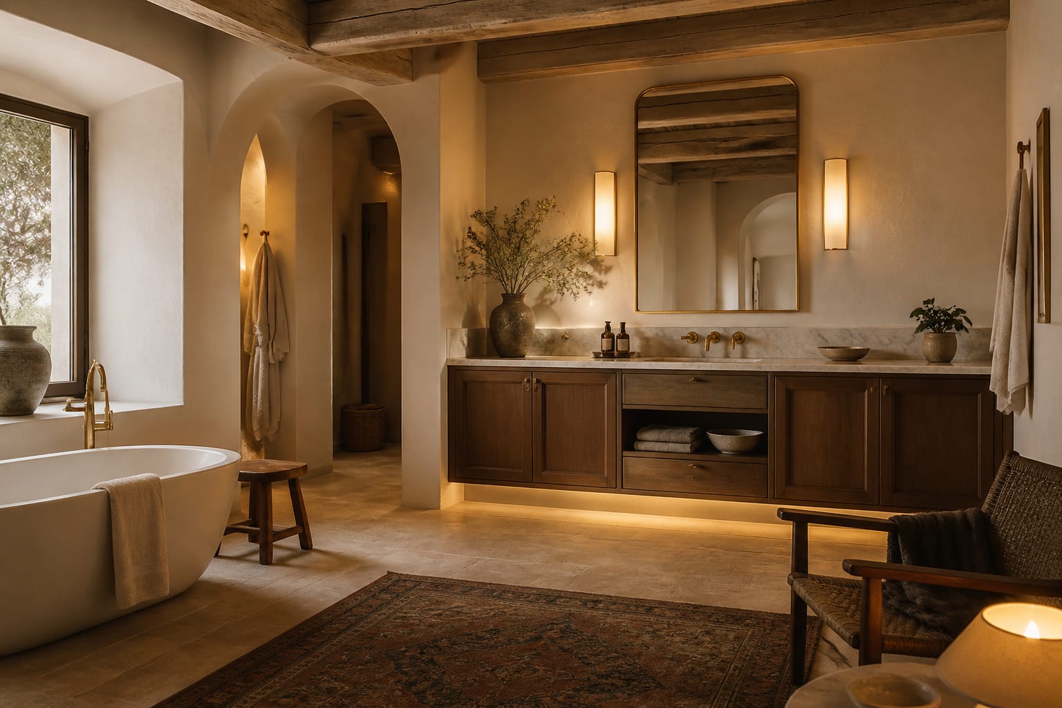 Editorial interior photograph showing mediterranean bathroom ideas for a spa-like retreat in a real bathroom, with mediterranean materials, layered warm lighting, styled furniture, and a magazine-quality residential composition.