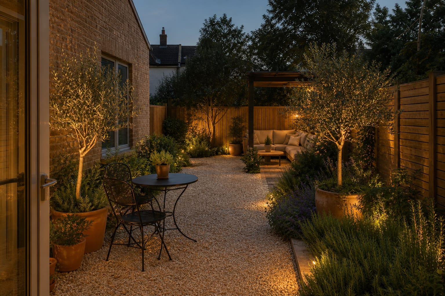 Mediterranean garden from the same angle with gravel, terracotta planters, olive trees, rosemary, lavender, and shaded outdoor seating.