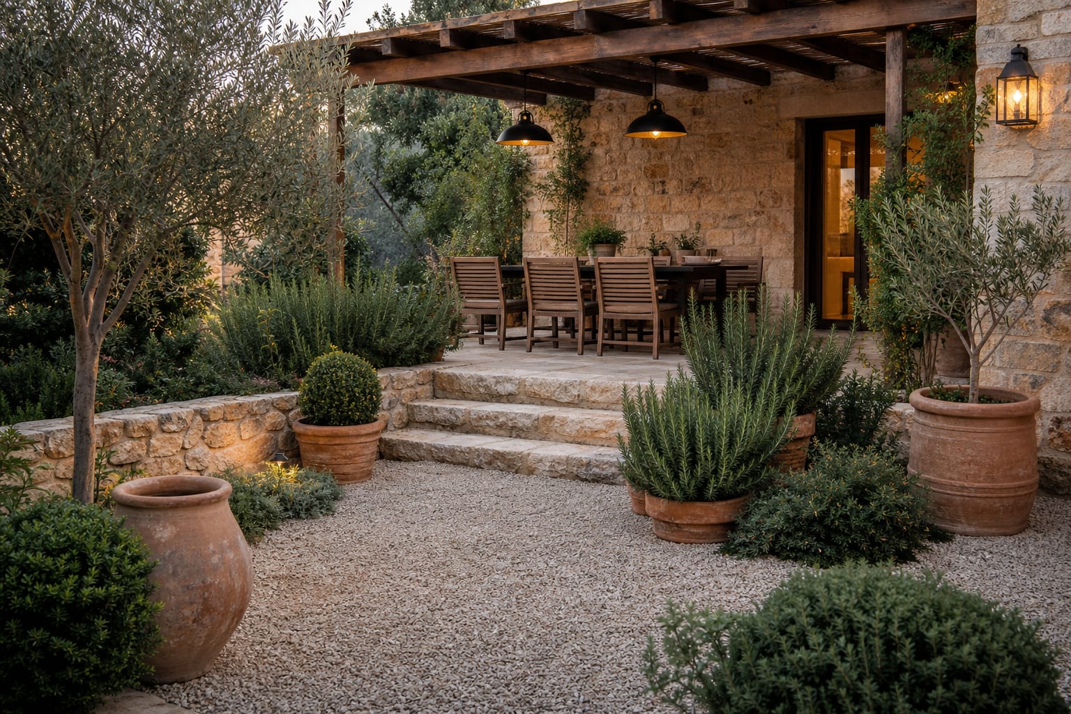 Mediterranean garden with pale gravel, terracotta pots, olive trees, rosemary, warm stone, and shaded dining under a timber pergola