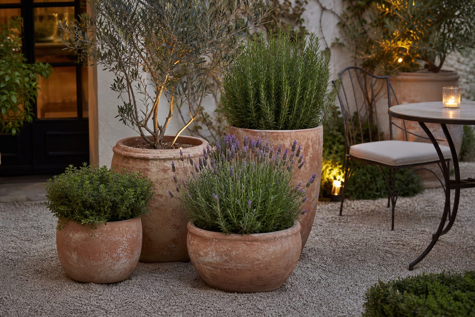 Terracotta planters grouped on pale gravel with olive, rosemary, lavender, and low warm lighting beside a small bistro table