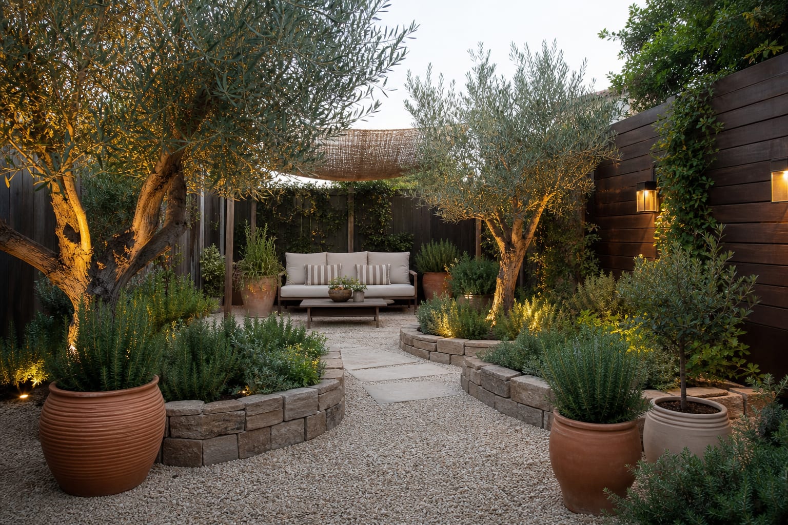 AI preview of a small fenced garden redesigned with Mediterranean gravel, clay pots, olive trees, herbs, and a shaded seating area
