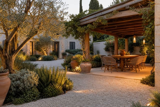 Mediterranean garden with pale gravel, terracotta pots, olive trees, rosemary, warm stone, and shaded dining under a timber pergola