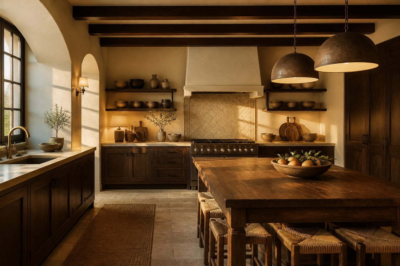 Editorial interior photograph showing mediterranean kitchen ideas for a sun-warmed cook space in a real kitchen, with mediterranean materials, layered warm lighting, styled furniture, and a magazine-quality residential composition.