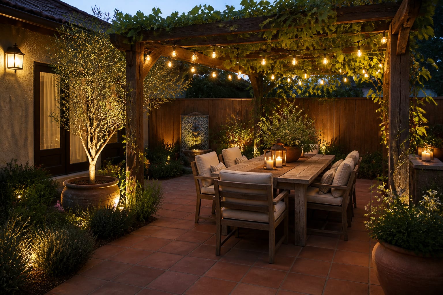 Mediterranean patio with vine-covered pergola, terracotta pavers, lantern lighting, and potted olive trees at dusk