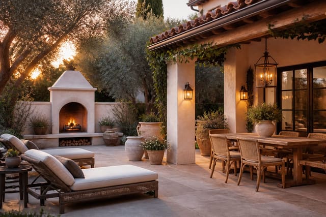 Mediterranean Outdoor Patio Ideas shown as a finished Re-Design editorial room concept