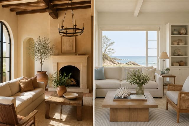 Mediterranean vs Coastal Design shown as a finished Re-Design editorial room concept
