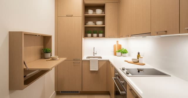 A micro-kitchen with ceiling-height cabinets, open shelving, and a wall-mounted folding prep shelf