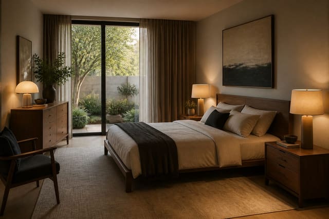 Editorial interior photograph showing mid-century modern bedroom ideas walnut furniture, clean lines, and warm neutrals.