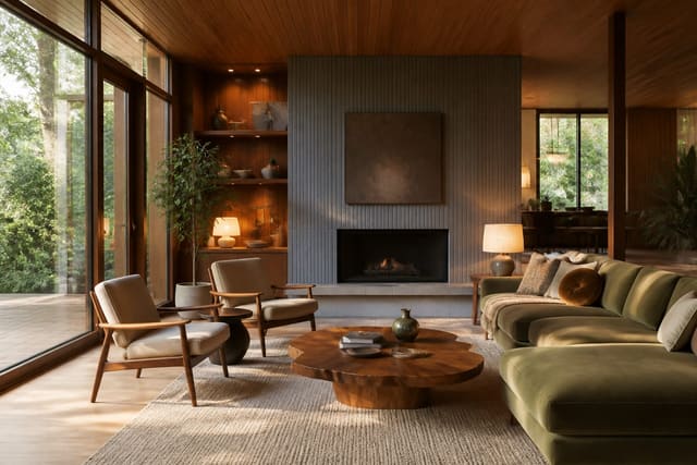 Editorial interior photograph showing mid century modern color palette: a practical mixing guide in a real whole home, with mid-century modern materials, layered warm lighting, styled furniture, and a magazine-quality residential composition.