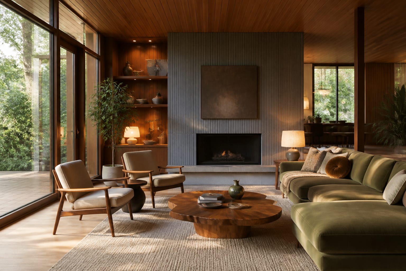 Editorial interior photograph showing mid century modern color palette: a practical mixing guide in a real whole home, with mid-century modern materials, layered warm lighting, styled furniture, and a magazine-quality residential composition.