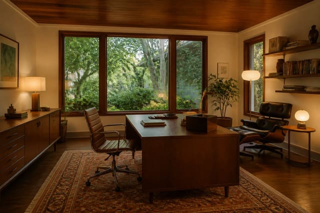 Editorial interior photograph showing mid century modern home office ideas that actually work in a real home office, with mid-century modern materials, layered warm lighting, styled furniture, and a magazine-quality residential composition.