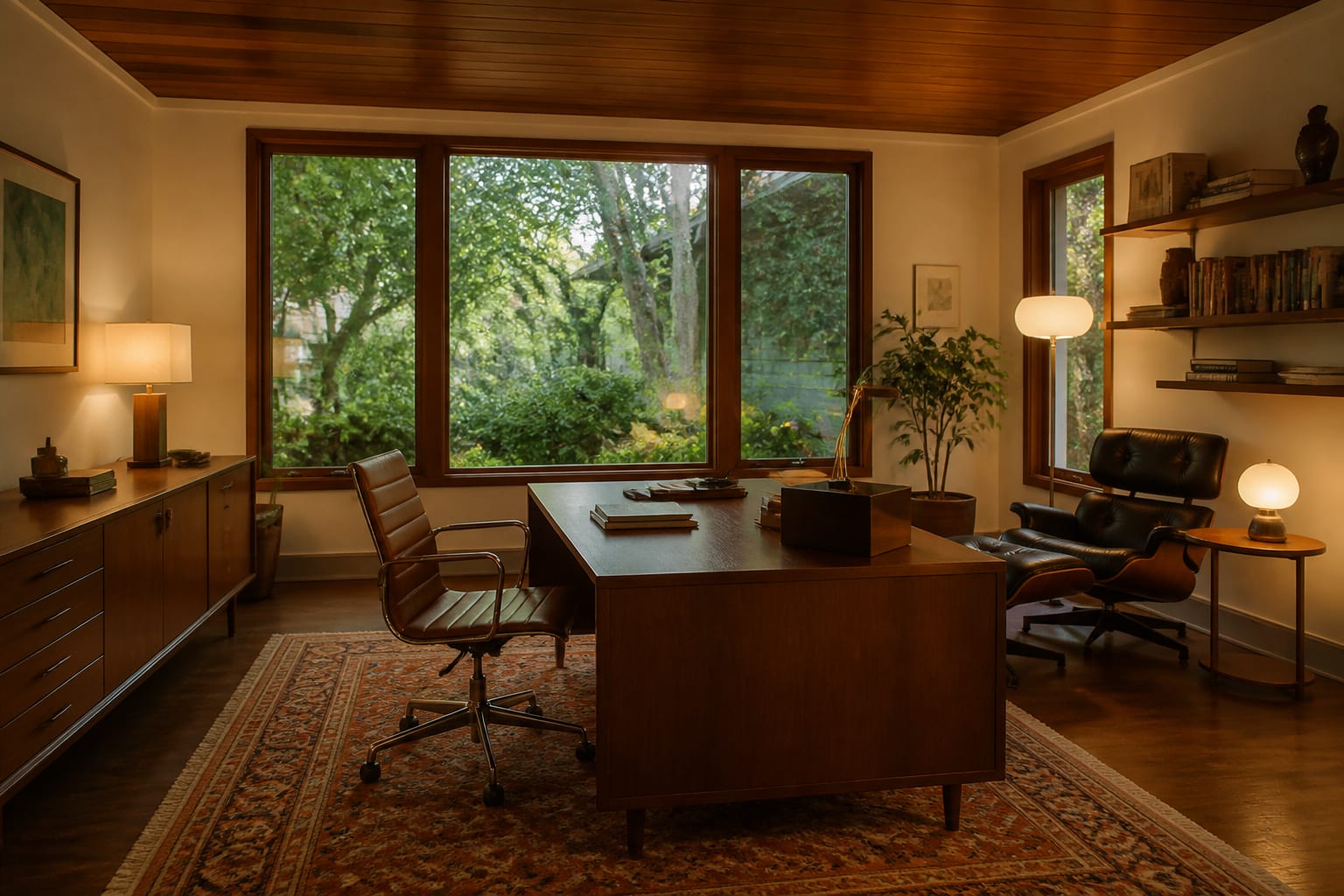 Editorial interior photograph showing mid century modern home office ideas that actually work in a real home office, with mid-century modern materials, layered warm lighting, styled furniture, and a magazine-quality residential composition.
