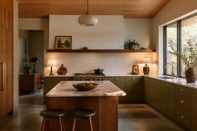 Editorial interior photograph showing mid-century modern kitchen the timeless case for retro-modern style.