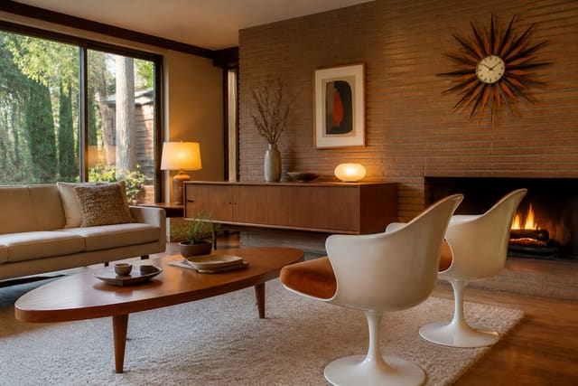 Editorial interior photograph showing mid-century modern living room ideas teak, tulip chairs, and sunburst clocks.