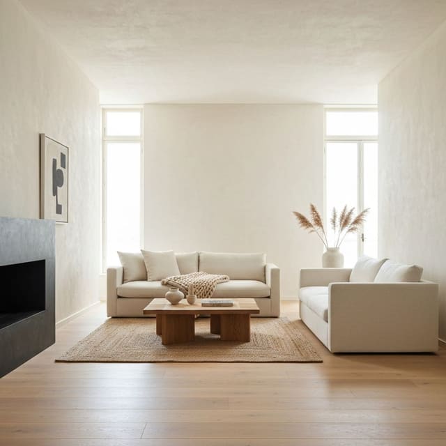 A warm minimalist room with natural textures and layered neutral tones