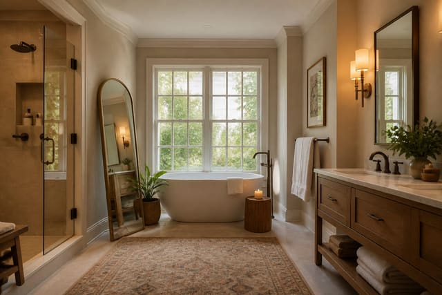 Editorial interior photograph showing mirror placement ideas to bounce light and add space in a real bathroom, with warm residential materials, layered lighting, functional furniture placement, and a magazine-quality composition.
