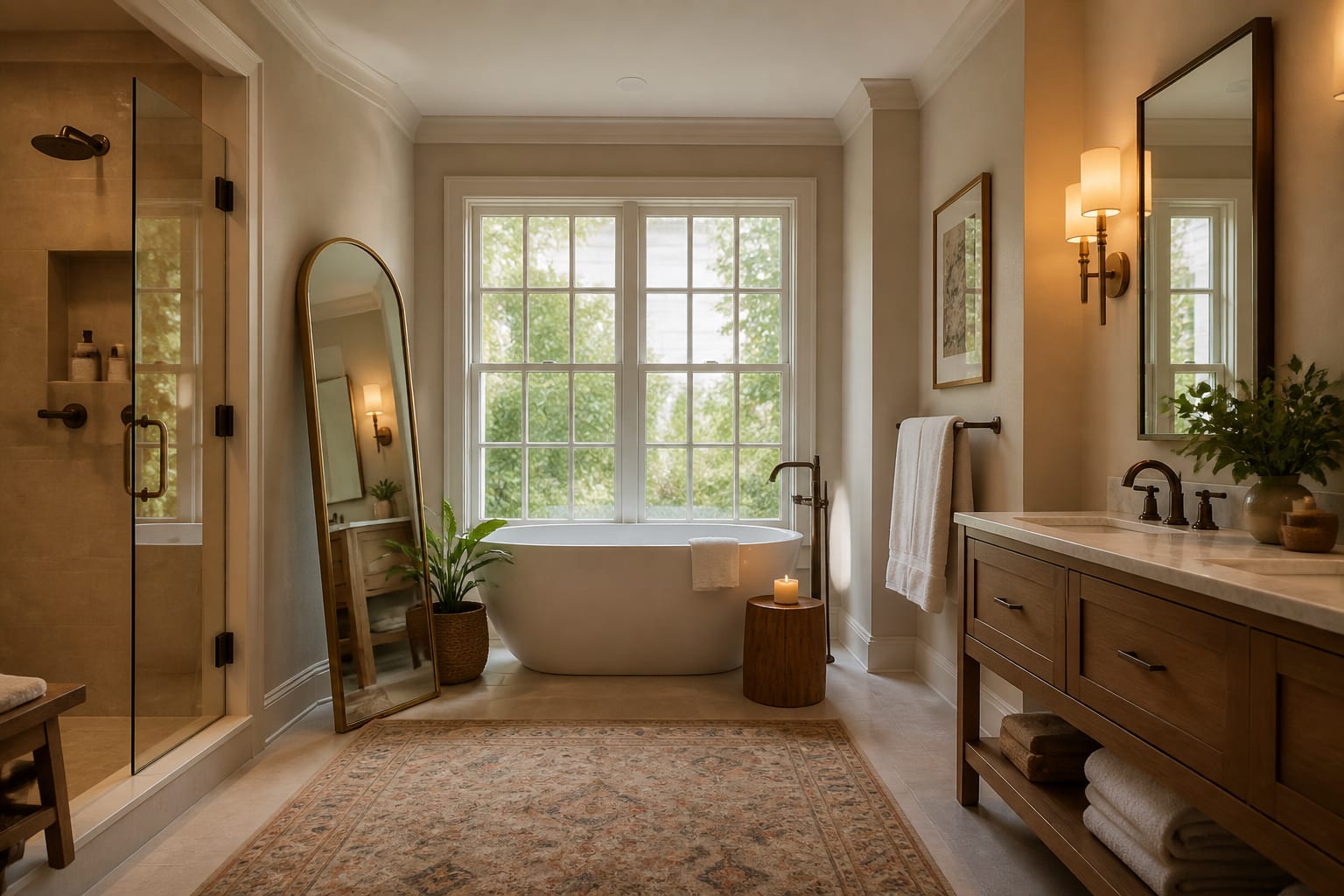 Editorial interior photograph showing mirror placement ideas to bounce light and add space in a real bathroom, with warm residential materials, layered lighting, functional furniture placement, and a magazine-quality composition.