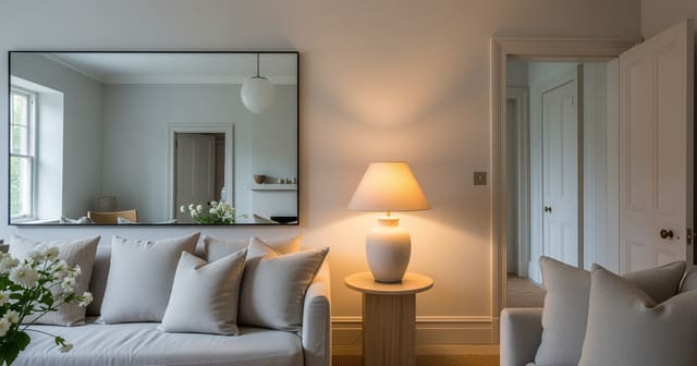 A living room with a large wall mirror reflecting window light, pale walls, and a warm table lamp