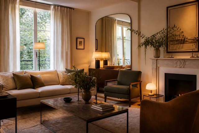 Editorial interior room illustrating how to use mirrors to make a room look bigger and brighter with warm natural light, layered styling, and realistic residential scale