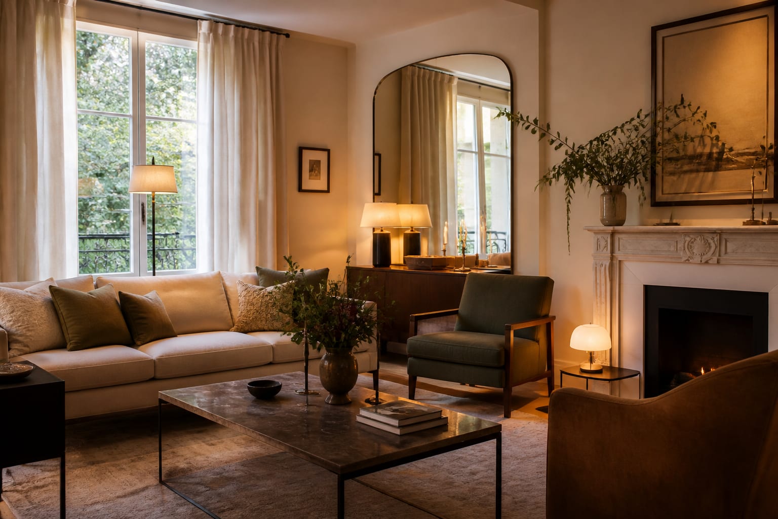 Editorial interior room illustrating how to use mirrors to make a room look bigger and brighter with warm natural light, layered styling, and realistic residential scale