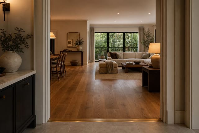 open plan room with wood flooring meeting tile at a centered brass threshold and aligned doorway trim