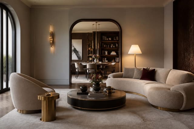 Editorial interior photograph showing modern art deco style with curved furniture, geometric detail, brass accents, rich color, and clean composition.