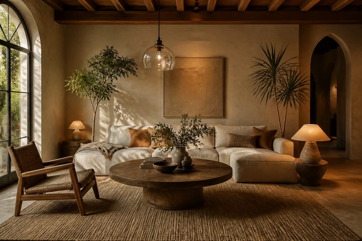 Editorial interior photograph showing modern boho style with clean-lined furniture, warm neutrals, woven texture, and sculptural plants.