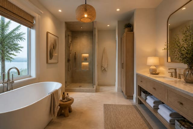 Editorial interior photograph showing modern coastal bathroom ideas for a calm retreat in a real bathroom, with modern coastal materials, layered warm lighting, styled furniture, and a magazine-quality residential composition.